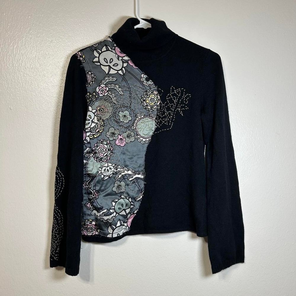 Y2K Kenzo Distressed Floral Patchwork Wool Blend Turtleneck Sweater Womens M